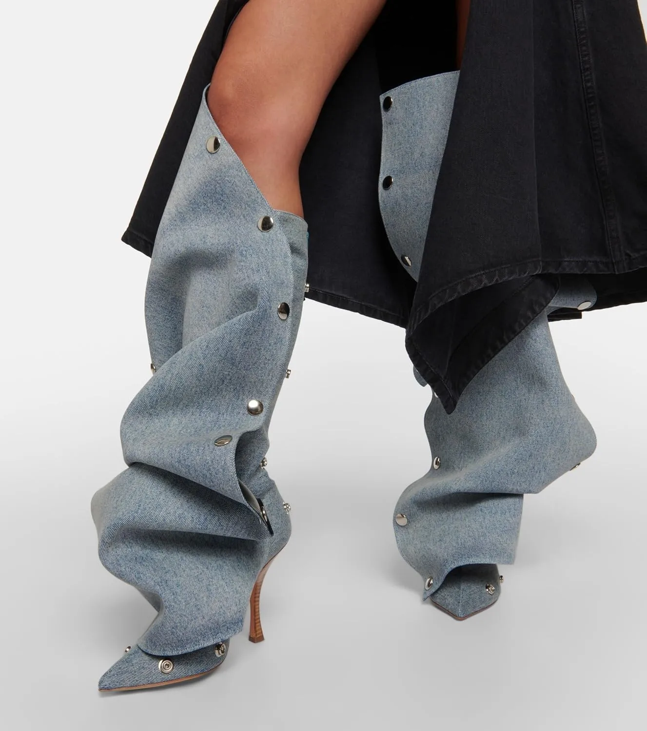 THESHY Women's Denim Knee High Boots Buttons Fashion Thigh High Boots Pointed Toe Stiletto High Heel Pleated Fold Over Party Dress Jean Boots for Women