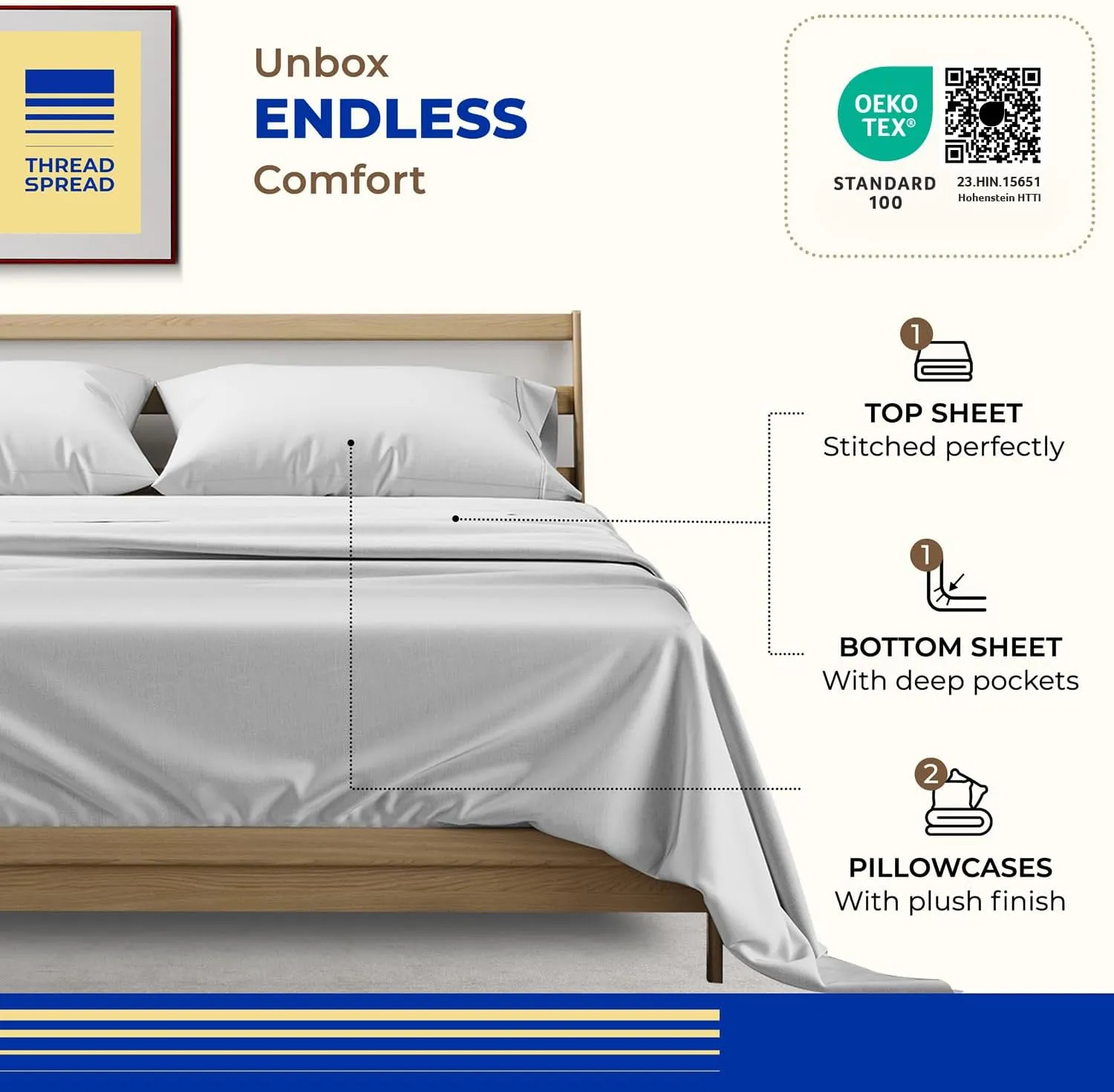 THREAD SPREAD Pure Egyptian Cotton Sheets Queen Size - 4 PC 1000 Thread Count Silver Bed Sheet & Pillow Cases Set, Luxury Egyptian Cotton Cooling Sheets for Queen Size Bed, Sateen Weave Sheets
