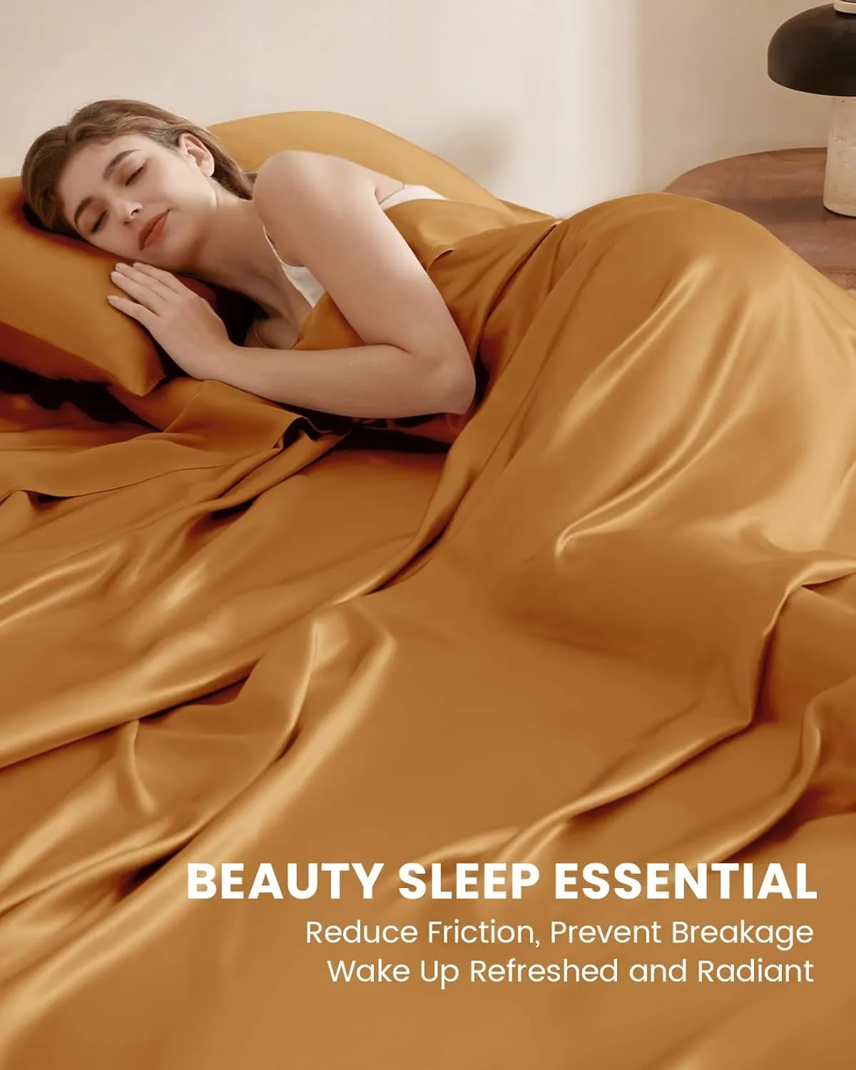 THXSILK Silk Sheet Set 4 Pcs, Queen Size Sheet Set, Soft Breathable Cooling Bed Sheets with 1 Flat Sheet, 1 Fitted Sheet, 2 Pillowcases with Zipper Closure, Deep Orange