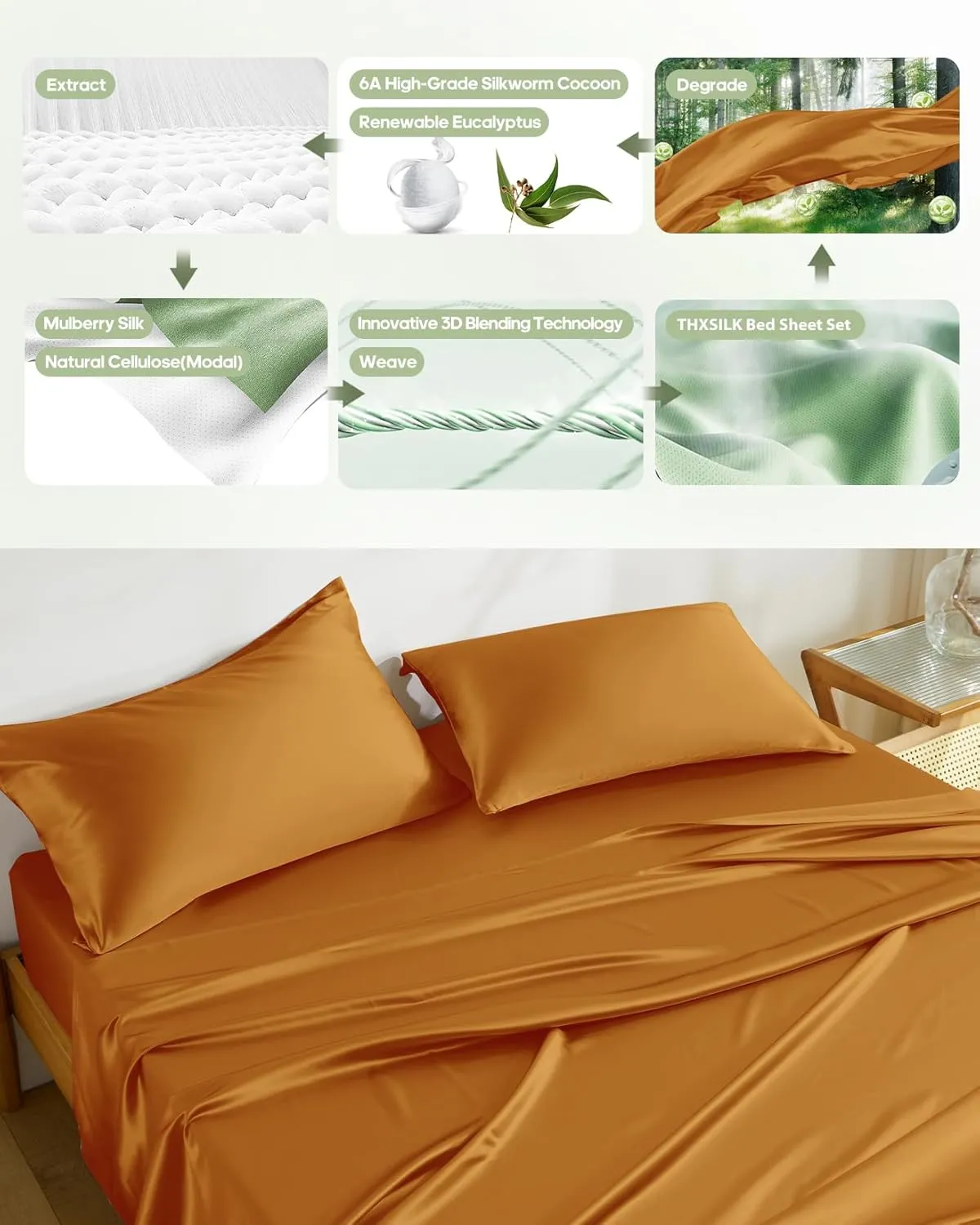 THXSILK Silk Sheet Set 4 Pcs, Queen Size Sheet Set, Soft Breathable Cooling Bed Sheets with 1 Flat Sheet, 1 Fitted Sheet, 2 Pillowcases with Zipper Closure, Deep Orange