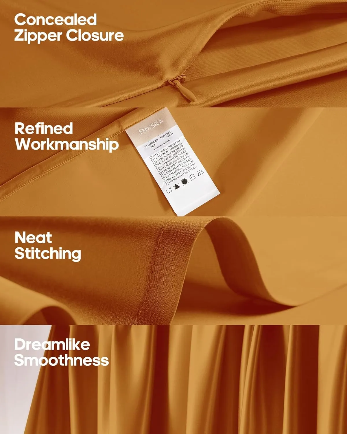 THXSILK Silk Sheet Set 4 Pcs, Queen Size Sheet Set, Soft Breathable Cooling Bed Sheets with 1 Flat Sheet, 1 Fitted Sheet, 2 Pillowcases with Zipper Closure, Deep Orange