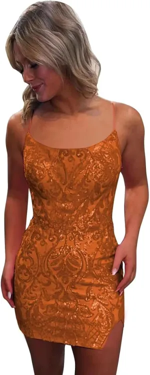 Tight Sequin Homecoming Dresses for Teens Sparkly Short Prom Dress with Slit Glitter Cocktail Gowns