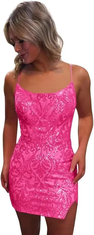 Tight Sequin Homecoming Dresses for Teens Sparkly Short Prom Dress with Slit Glitter Cocktail Gowns