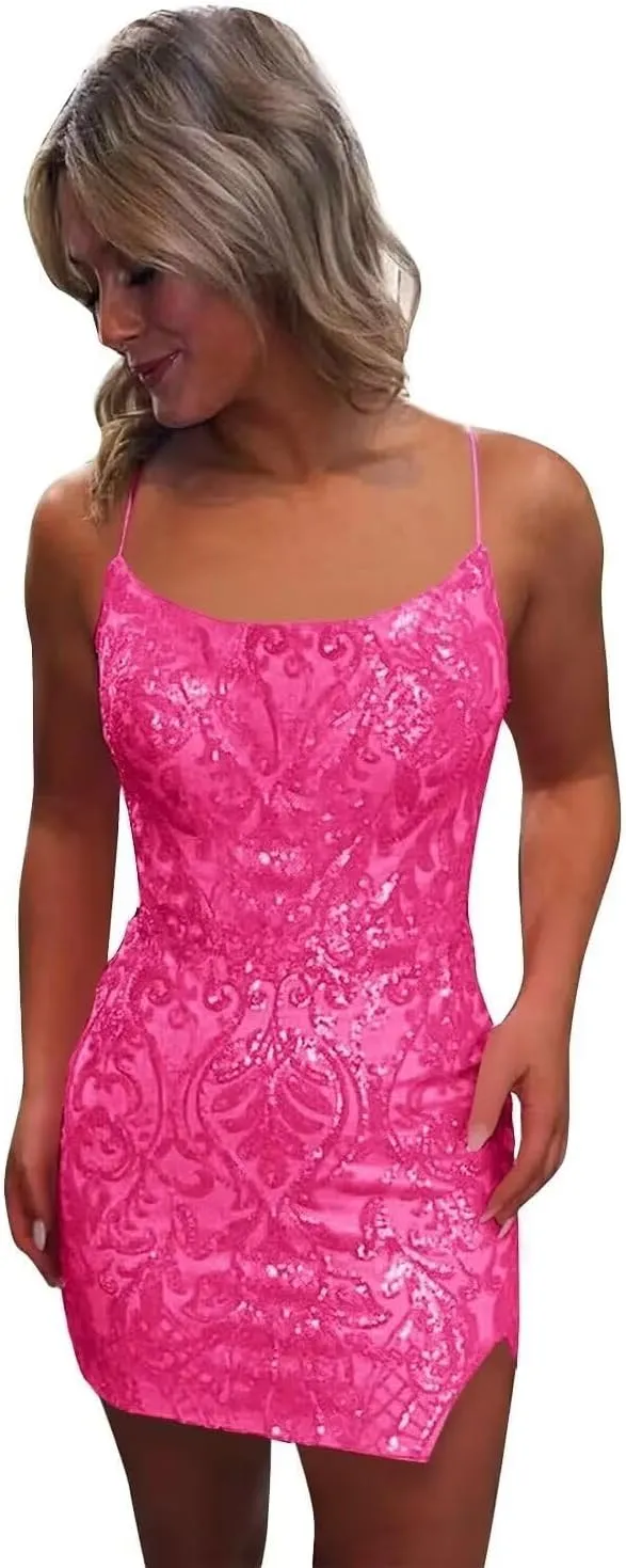 Tight Sequin Homecoming Dresses for Teens Sparkly Short Prom Dress with Slit Glitter Cocktail Gowns