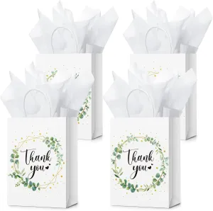 Tinlade 30 Pcs Thank You Gift Bags with Tissue Paper Gold Thank You Wedding Bags with Handle for Graduation Business Shopping Wedding Baby Shower Party Favors(Eucalyptus Leaf)