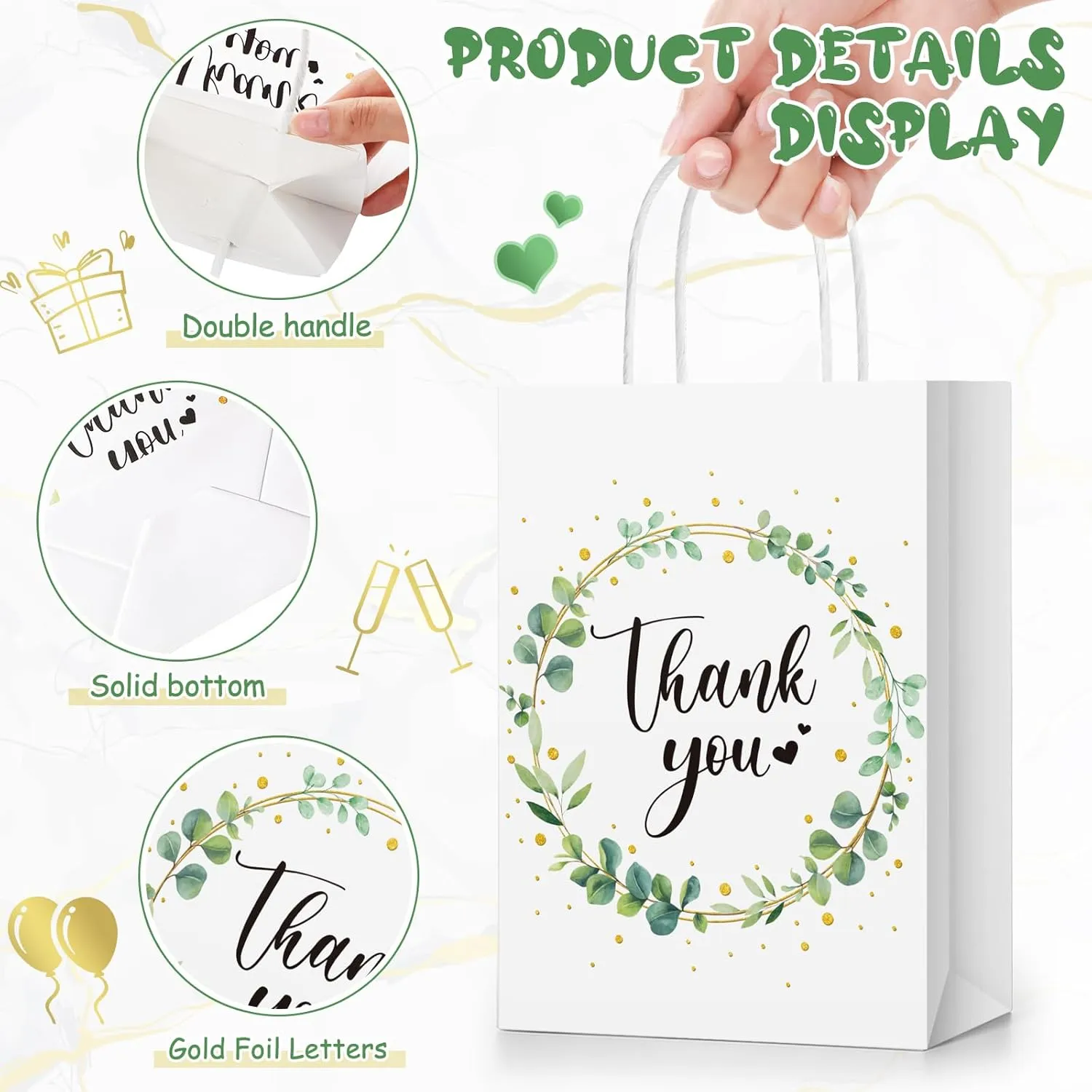 Tinlade 30 Pcs Thank You Gift Bags with Tissue Paper Gold Thank You Wedding Bags with Handle for Graduation Business Shopping Wedding Baby Shower Party Favors(Eucalyptus Leaf)