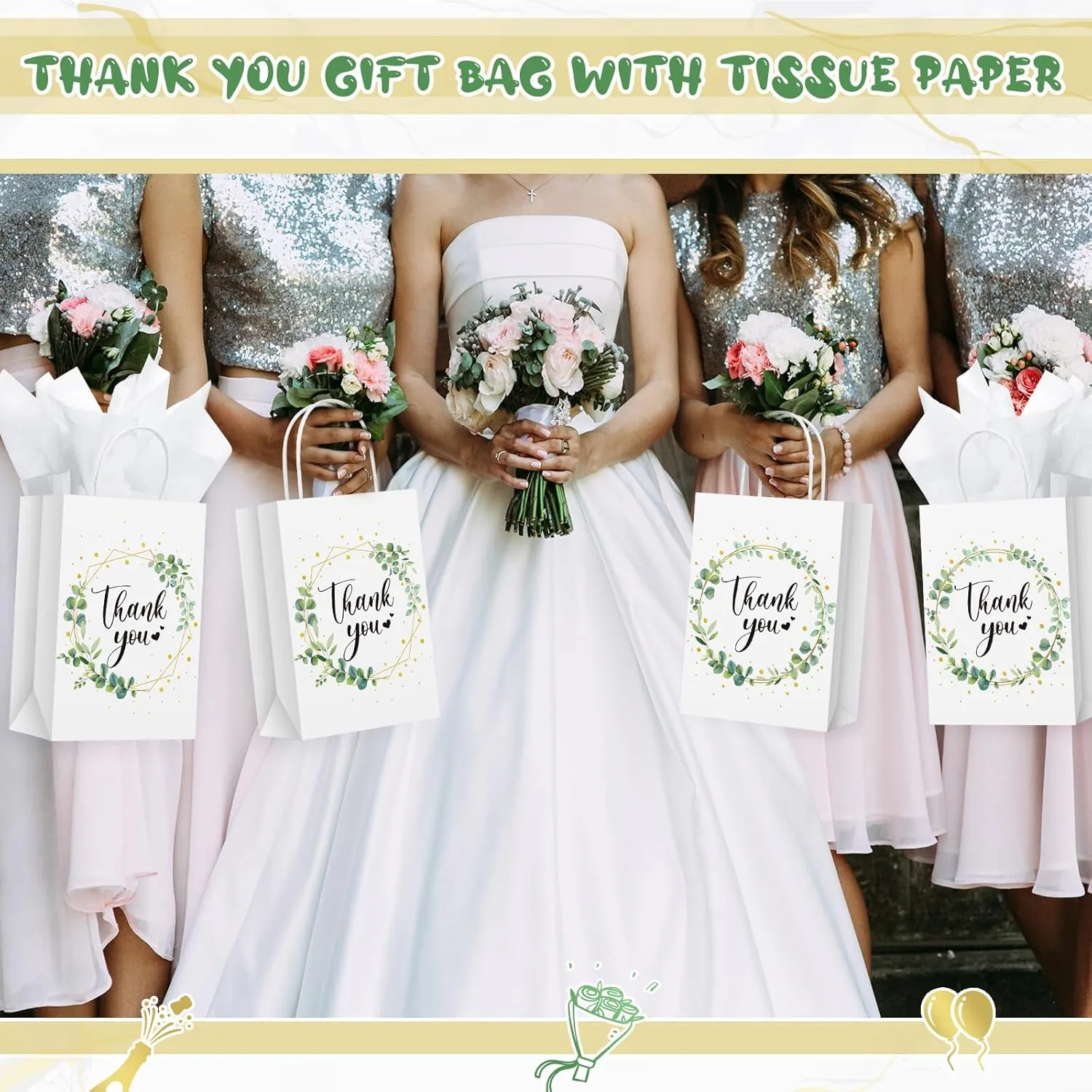 Tinlade 30 Pcs Thank You Gift Bags with Tissue Paper Gold Thank You Wedding Bags with Handle for Graduation Business Shopping Wedding Baby Shower Party Favors(Eucalyptus Leaf)
