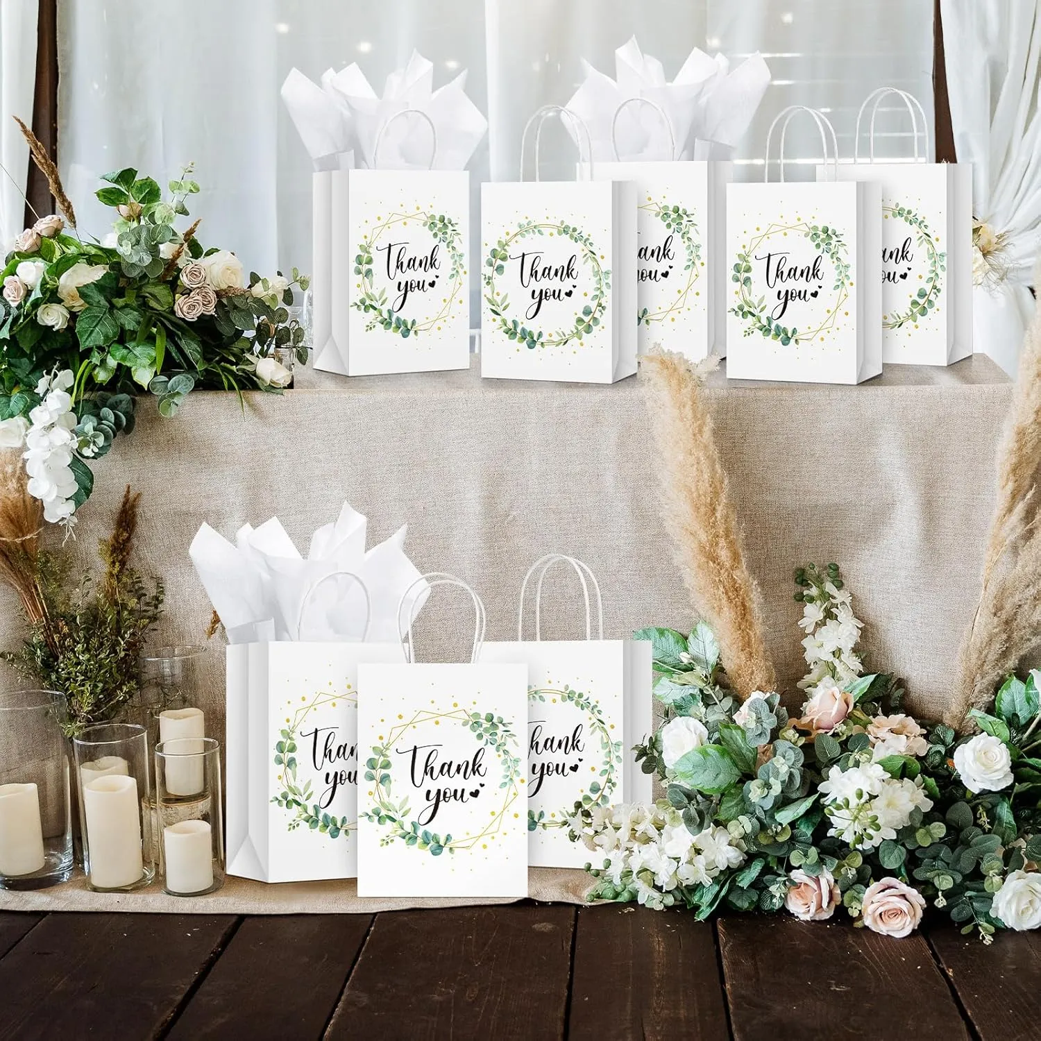 Tinlade 30 Pcs Thank You Gift Bags with Tissue Paper Gold Thank You Wedding Bags with Handle for Graduation Business Shopping Wedding Baby Shower Party Favors(Eucalyptus Leaf)