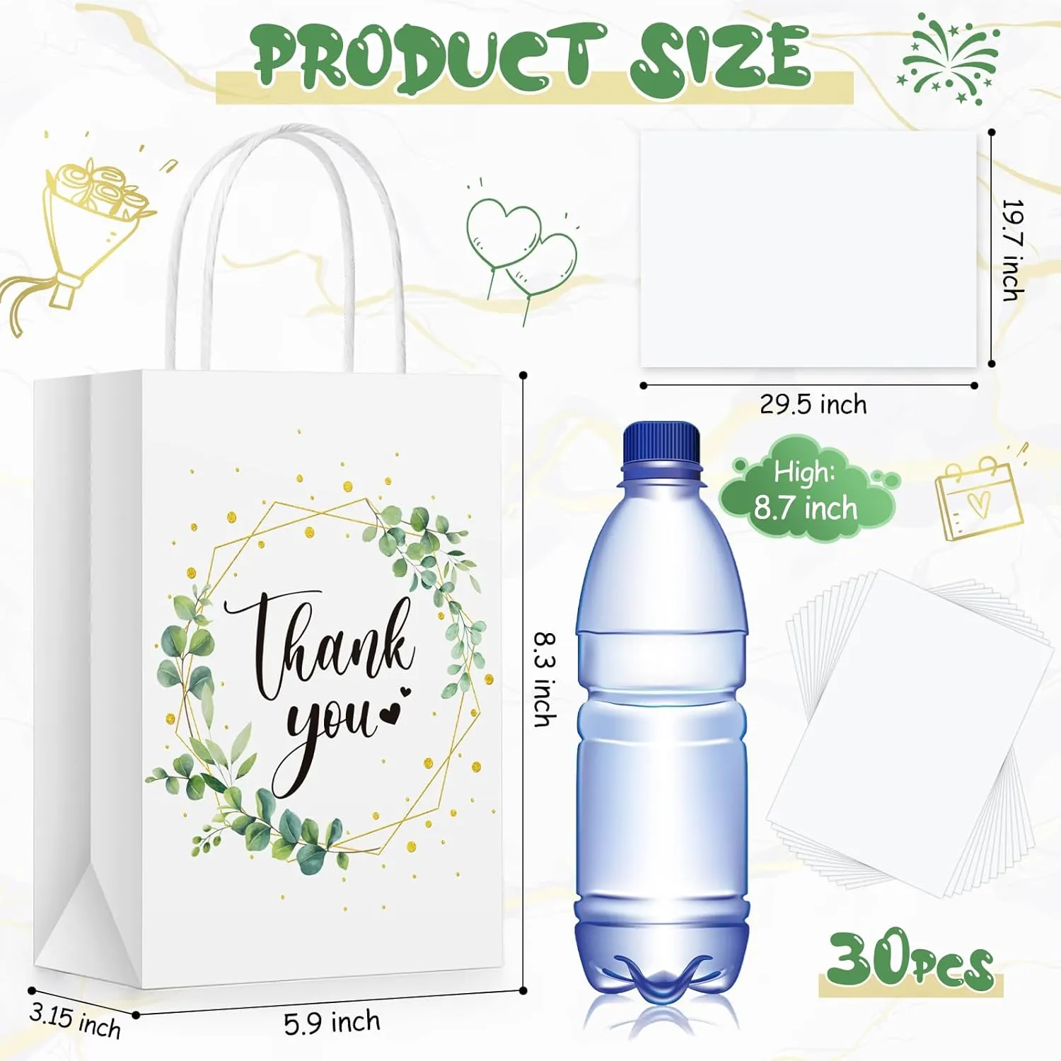 Tinlade 30 Pcs Thank You Gift Bags with Tissue Paper Gold Thank You Wedding Bags with Handle for Graduation Business Shopping Wedding Baby Shower Party Favors(Eucalyptus Leaf)