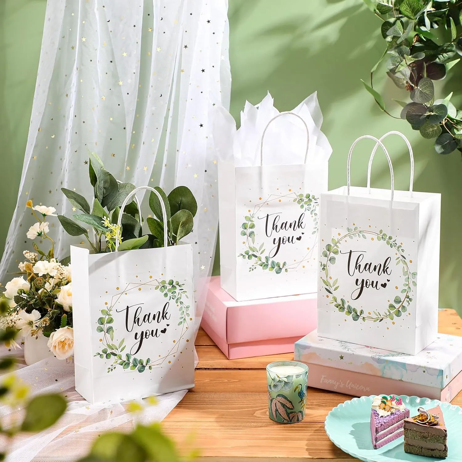 Tinlade 30 Pcs Thank You Gift Bags with Tissue Paper Gold Thank You Wedding Bags with Handle for Graduation Business Shopping Wedding Baby Shower Party Favors(Eucalyptus Leaf)