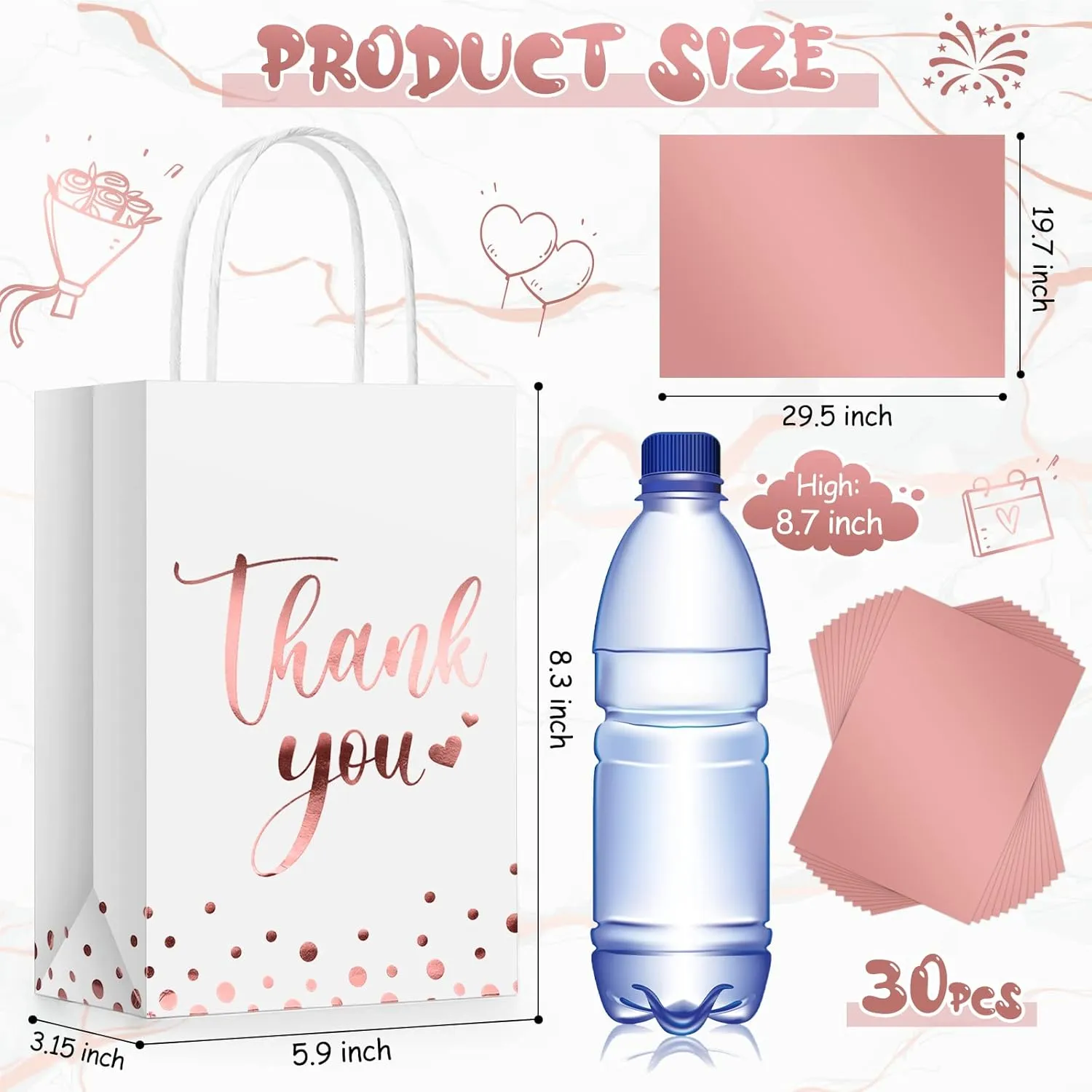 Tinlade 30 Pcs Thank You Gift Bags with Tissue Paper Gold Thank You Wedding Bags with Handle for Graduation Business Shopping Wedding Baby Shower Party Favors(Rose Gold)