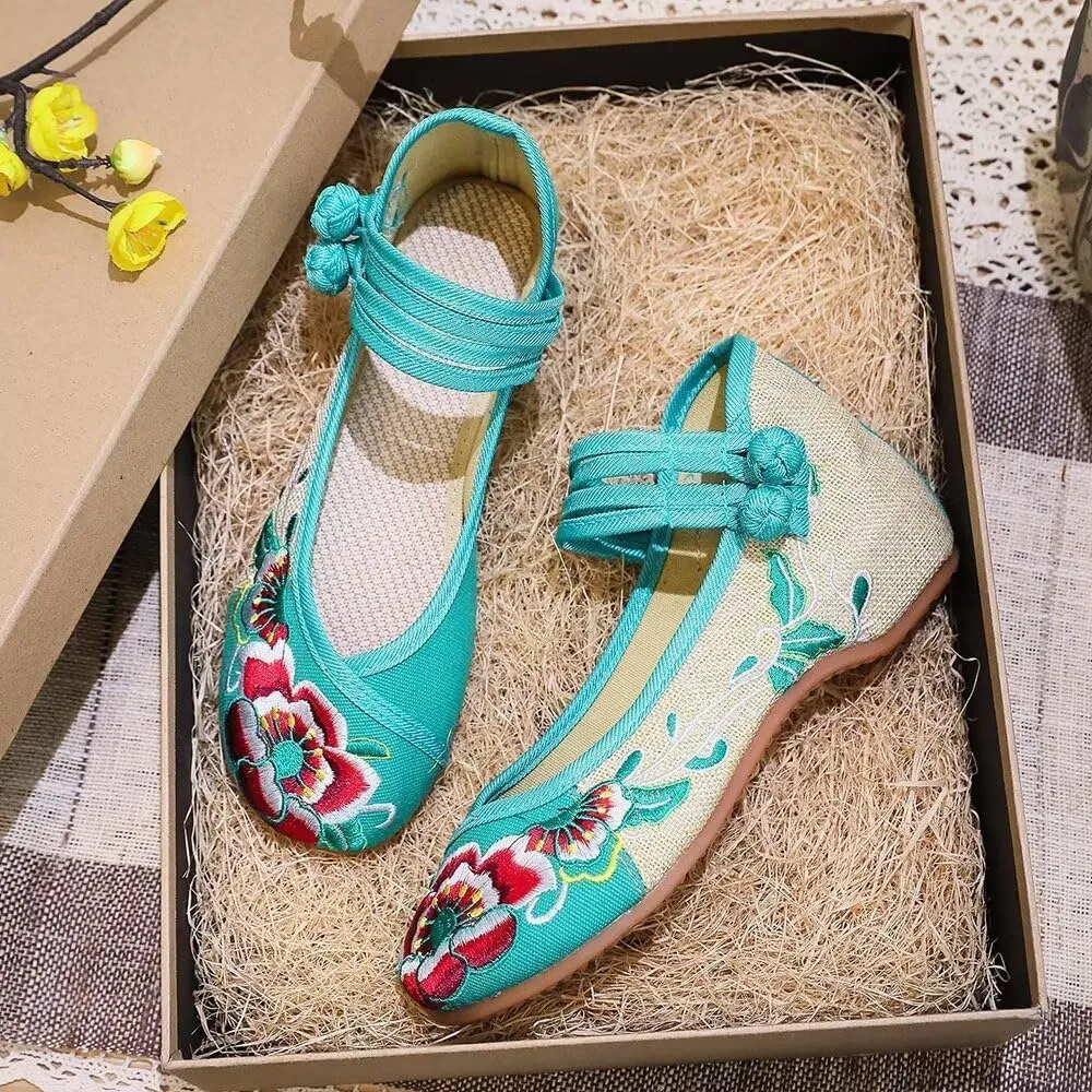 TN TANGNEST Women's Floral Embroidered Vintange Buckle Flat Shoes Round Toe Dress Mary Jane Shoes