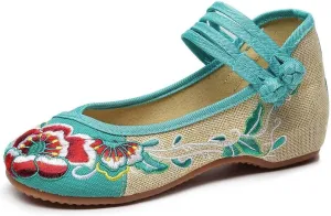 TN TANGNEST Women's Floral Embroidered Vintange Buckle Flat Shoes Round Toe Dress Mary Jane Shoes