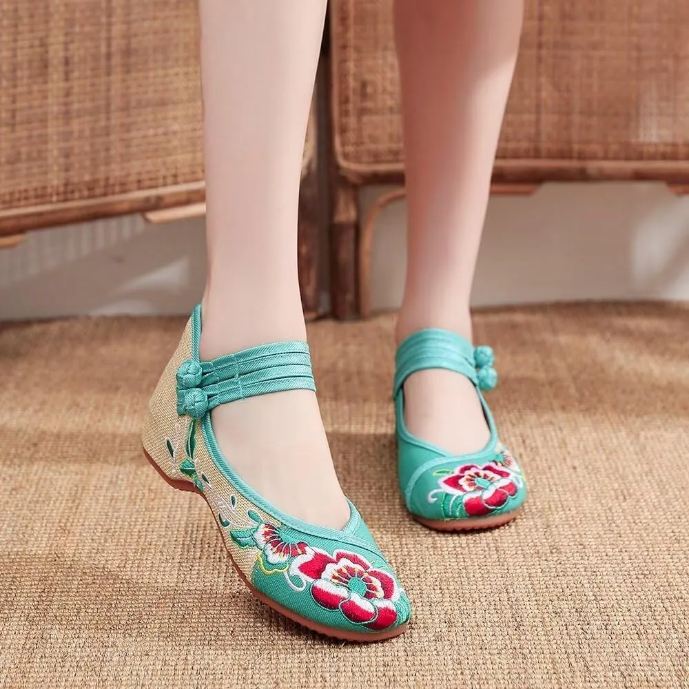 TN TANGNEST Women's Floral Embroidered Vintange Buckle Flat Shoes Round Toe Dress Mary Jane Shoes