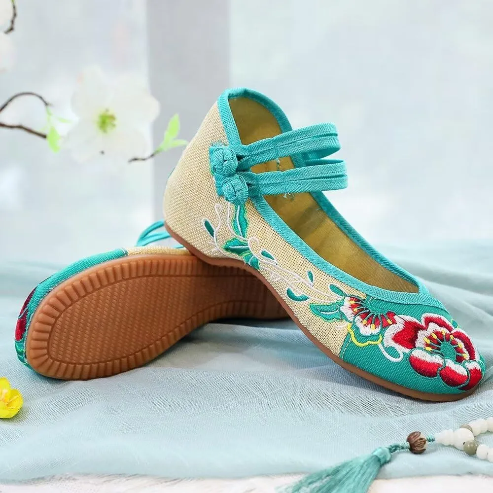 TN TANGNEST Women's Floral Embroidered Vintange Buckle Flat Shoes Round Toe Dress Mary Jane Shoes