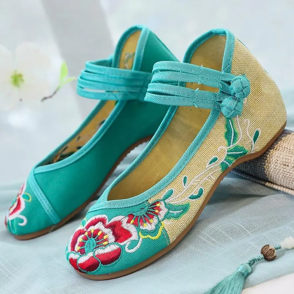 TN TANGNEST Women's Floral Embroidered Vintange Buckle Flat Shoes Round Toe Dress Mary Jane Shoes