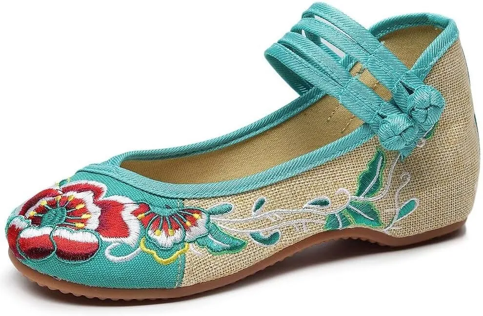 TN TANGNEST Women's Floral Embroidered Vintange Buckle Flat Shoes Round Toe Dress Mary Jane Shoes