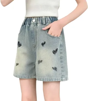Toddler Baby Girls Casual Denim Shorts Summer High Waisted Embroidered Love Print Jeans Short with Pockets