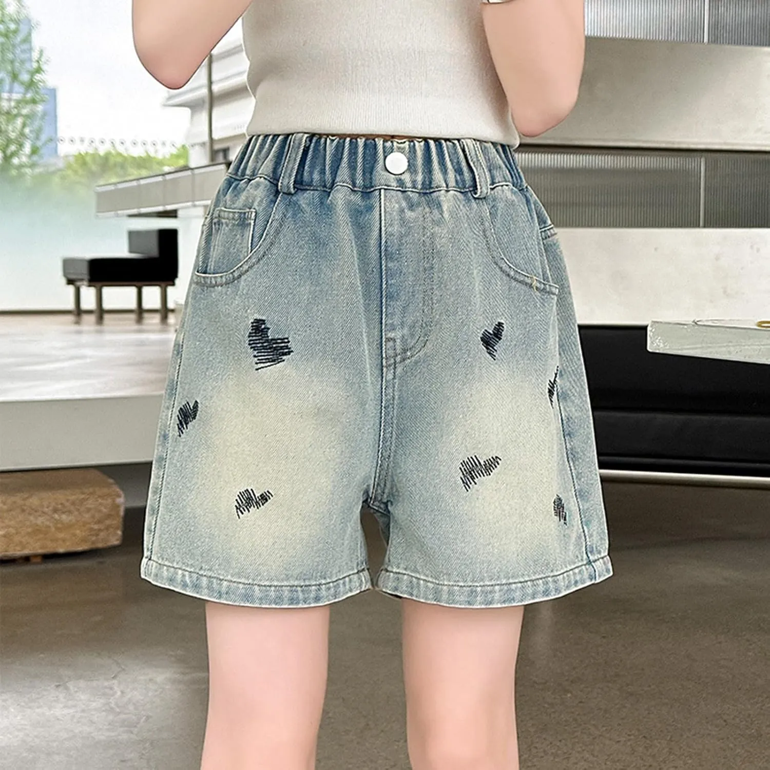 Toddler Baby Girls Casual Denim Shorts Summer High Waisted Embroidered Love Print Jeans Short with Pockets