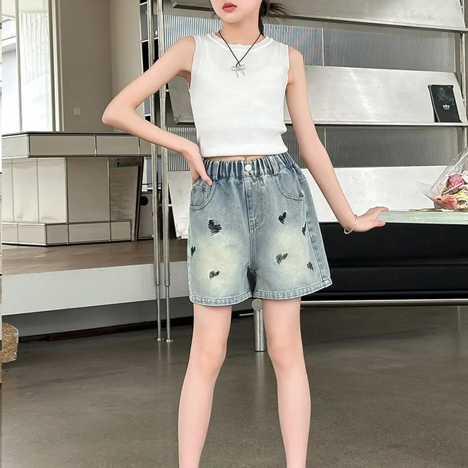 Toddler Baby Girls Casual Denim Shorts Summer High Waisted Embroidered Love Print Jeans Short with Pockets