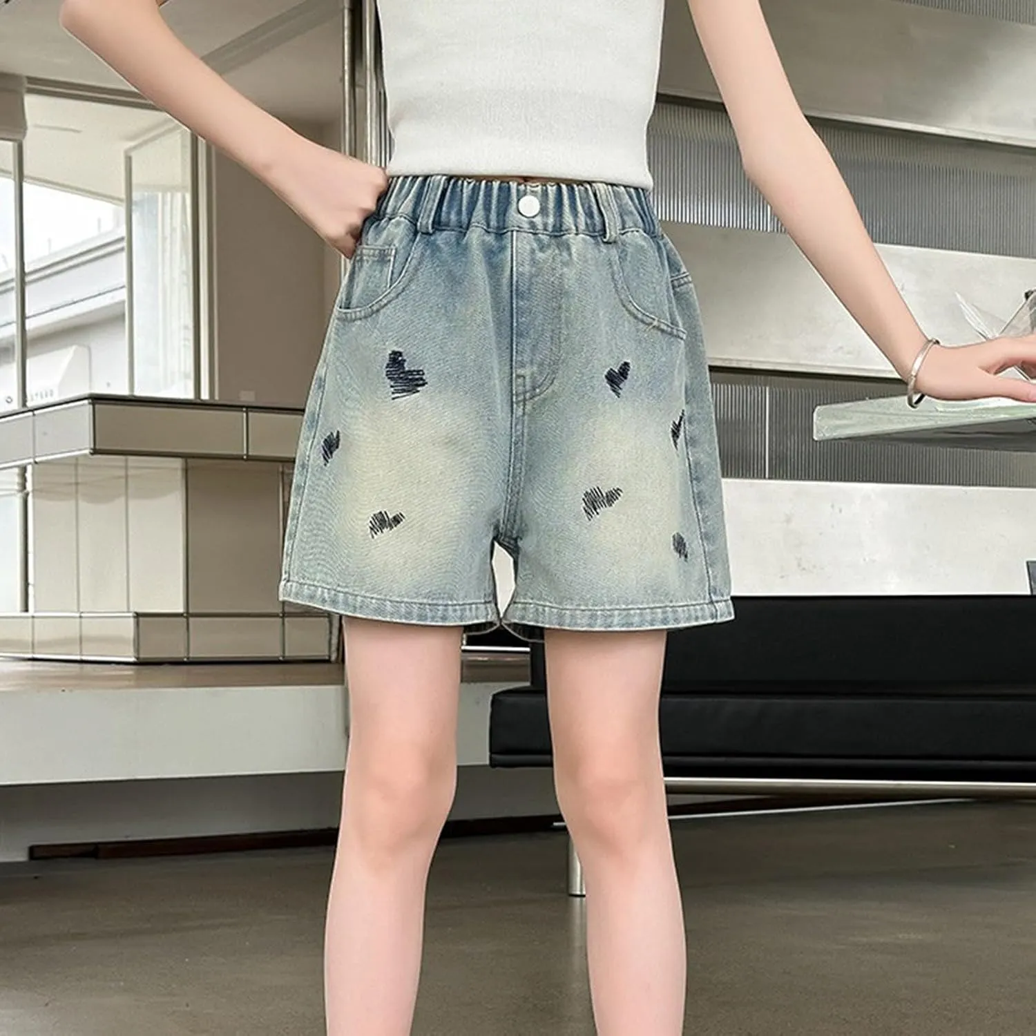 Toddler Baby Girls Casual Denim Shorts Summer High Waisted Embroidered Love Print Jeans Short with Pockets