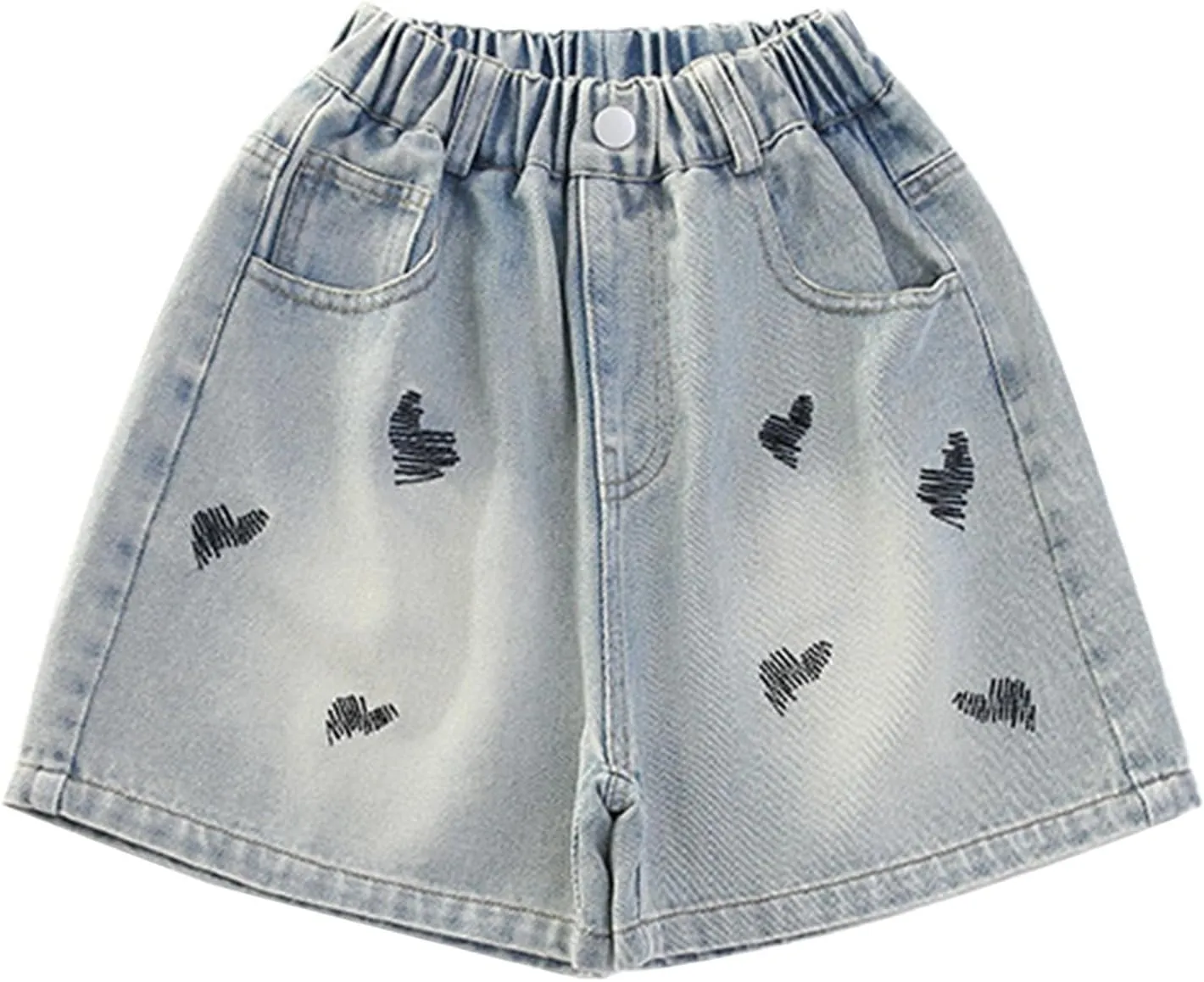 Toddler Baby Girls Casual Denim Shorts Summer High Waisted Embroidered Love Print Jeans Short with Pockets