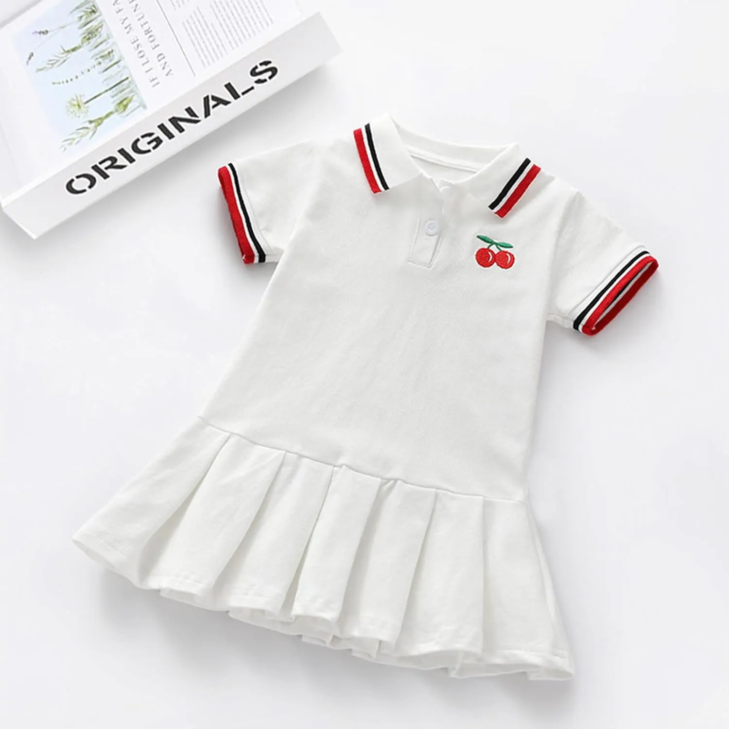 Toddler Baby Girls Polo Dress Cherry Embroidered Short Sleeve Pleated Tennis Dress A-Line Playwear Sundress
