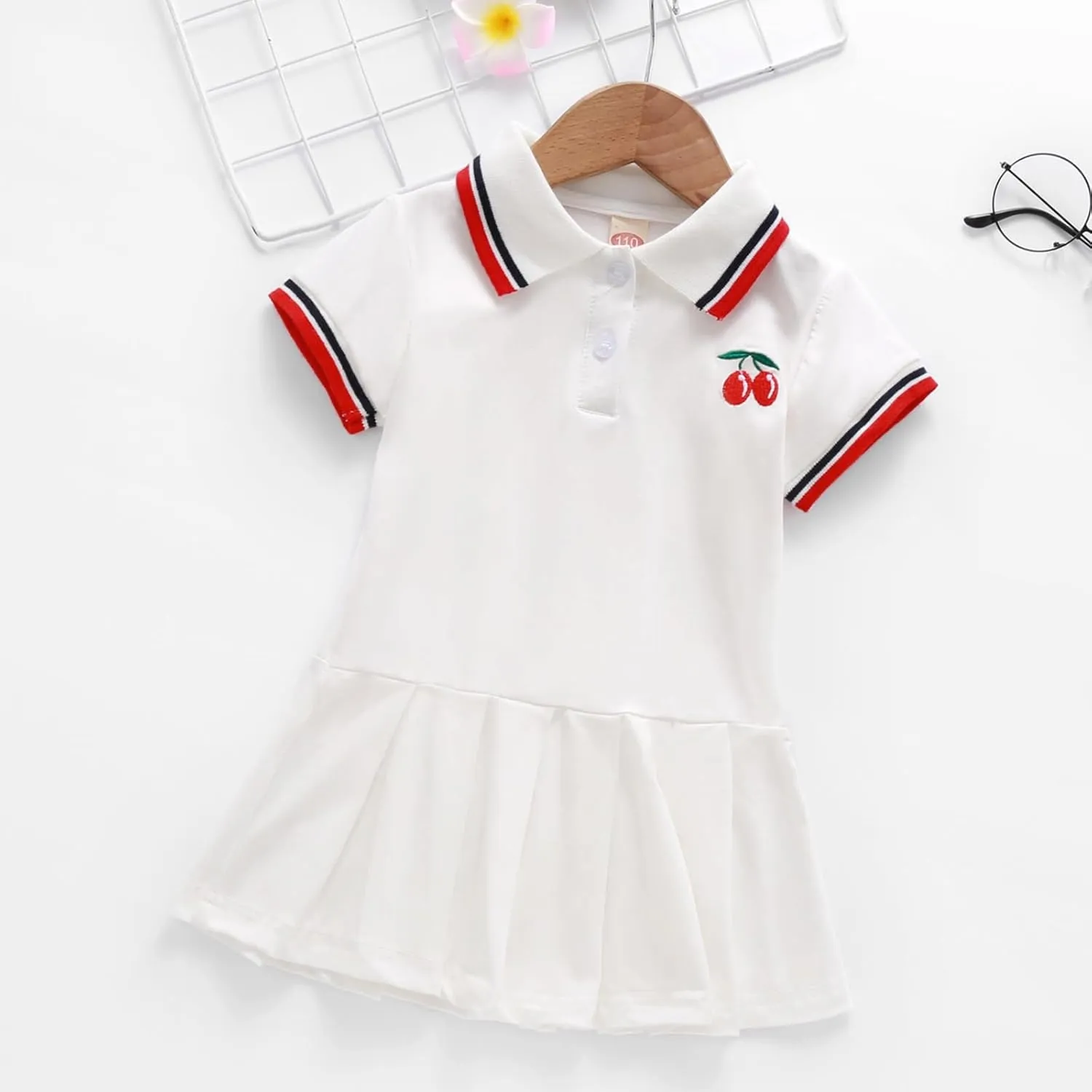 Toddler Baby Girls Polo Dress Cherry Embroidered Short Sleeve Pleated Tennis Dress A-Line Playwear Sundress