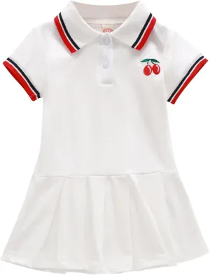 Toddler Baby Girls Polo Dress Cherry Embroidered Short Sleeve Pleated Tennis Dress A-Line Playwear Sundress