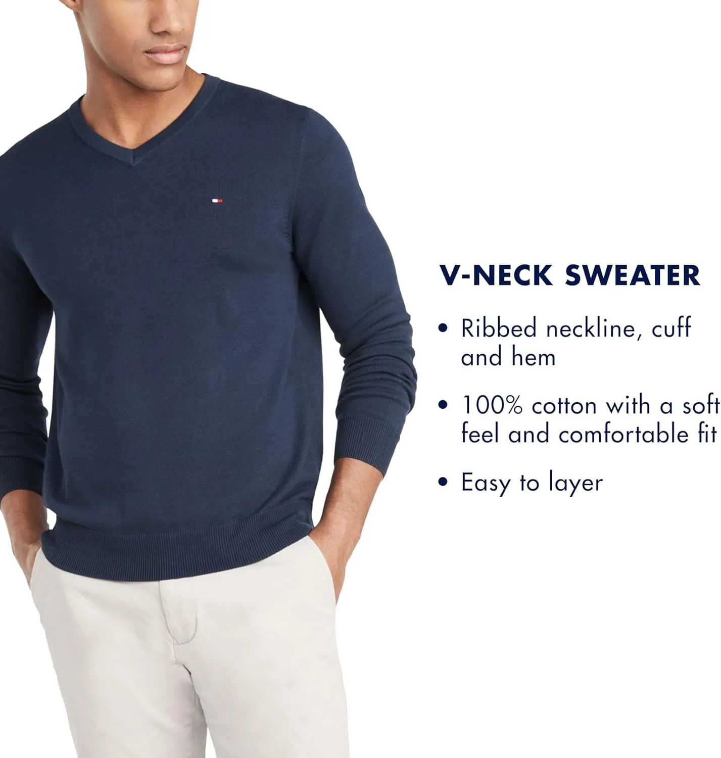 Tommy Hilfiger Men's Essential Long Sleeve Cotton V-Neck Pullover Sweater