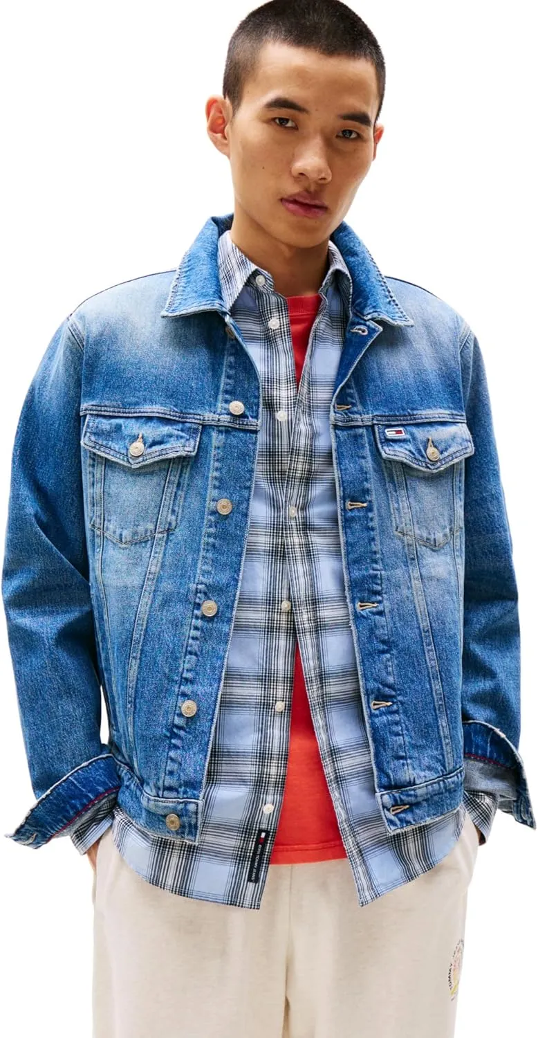 Tommy Jeans Men's Lightweight Denim Trucker Jacket with Embroidered Logo