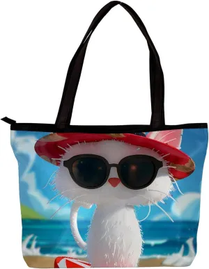 Tote Bags for Women,Womens Handbags,Small Tote Bag,Cat Enjoy Beach