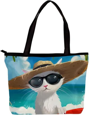 Tote Bags for Women,Womens Handbags,Small Tote Bag,Cat Enjoy Beach