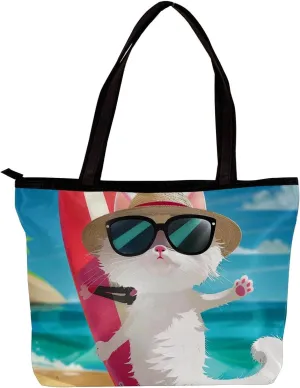 Tote Bags for Women,Womens Handbags,Small Tote Bag,Cat Enjoy Beach