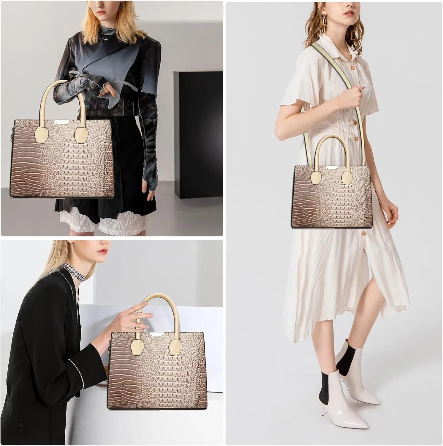 Tote Top-handle Handbags Patent PU Leather Women Purse Satchel Crocodile Pattern Shoulder Crossbody Bag 3 Pcs Set