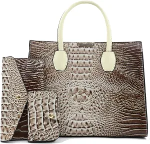 Tote Top-handle Handbags Patent PU Leather Women Purse Satchel Crocodile Pattern Shoulder Crossbody Bag 3 Pcs Set