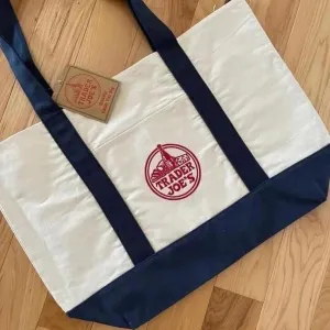 Trader Joes Large Tote Shopping Bag Cotton Canvas Embroidered Bag | Navy Blue