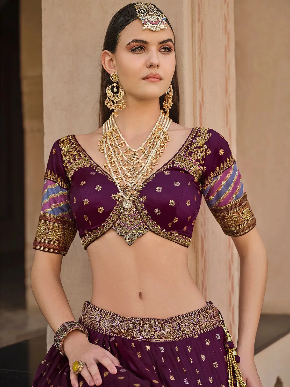 Traditional Wine Smooth Silk Foil Print Sangeet Lehenga