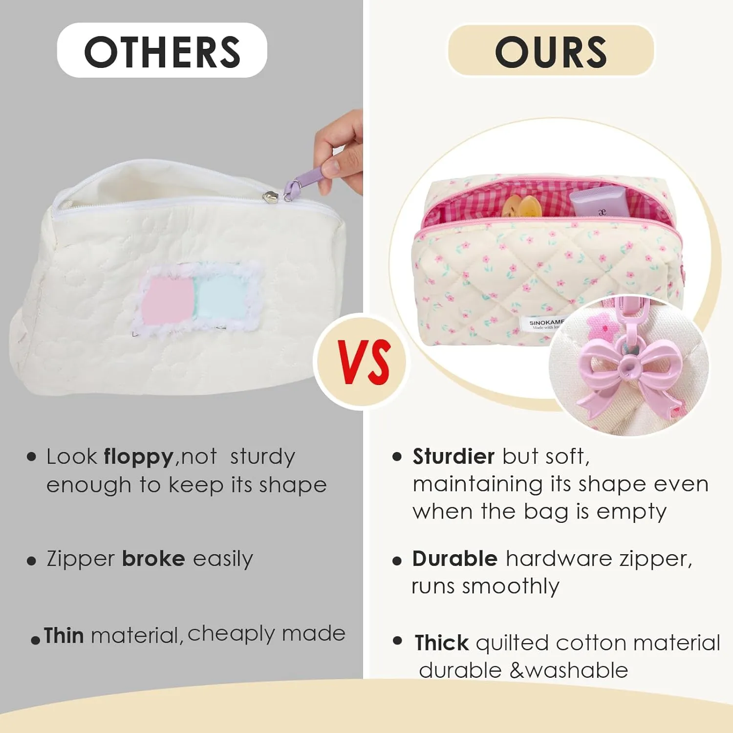 Travel Makeup Bag, Cute Quilted Aesthetic Handmade Cotton Cosmetic Bags for Women, Handmade Cute Coquette Aesthetic Floral Toiletry Storage Bag, Cream Florals