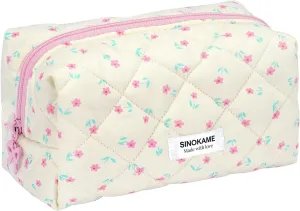 Travel Makeup Bag, Cute Quilted Aesthetic Handmade Cotton Cosmetic Bags for Women, Handmade Cute Coquette Aesthetic Floral Toiletry Storage Bag, Cream Florals