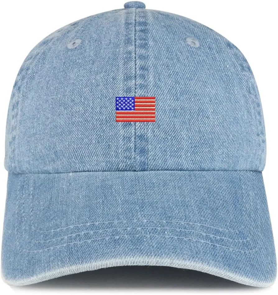 Trendy Apparel Shop US American Flag Small Embroidered 100% Cotton Denim Cap Dad Hat