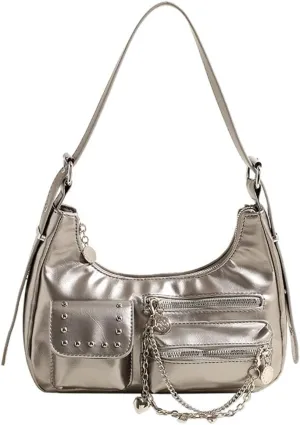 Trendy Glossy Crescent Bag for Women Large Capacity Multi-Pocket Shoulder Bags Travel Commuter Underarm Bag 2025