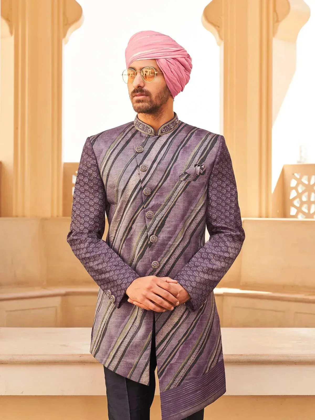 Trendy Purple P.V Silk Men's Indo-wester Sherwani Set For Weeding & Party Reception