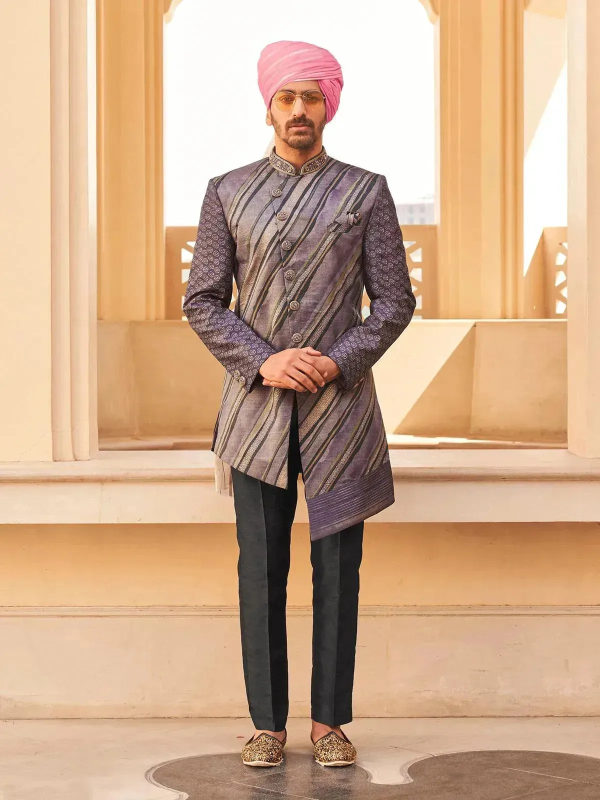 Trendy Purple P.V Silk Men's Indo-wester Sherwani Set For Weeding & Party Reception