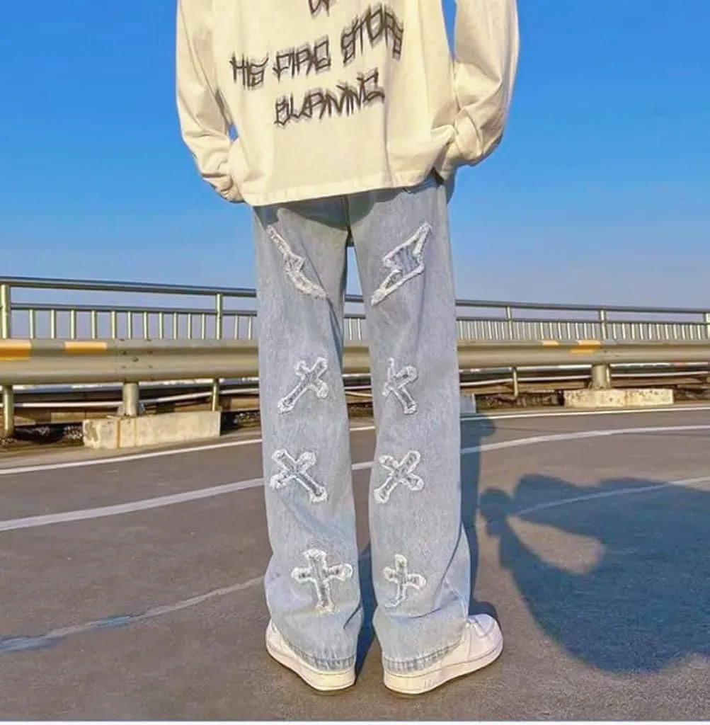 Trousers Cross Denim Pants Streetwear Hip Hop Low Rise Baggy Jeans for Men Korean Y2k Women Cargo Pants Punk Clothe