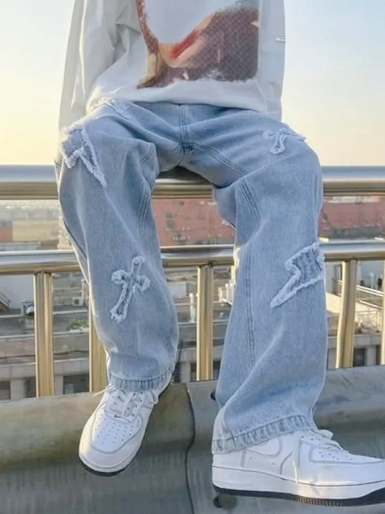 Trousers Cross Denim Pants Streetwear Hip Hop Low Rise Baggy Jeans for Men Korean Y2k Women Cargo Pants Punk Clothe