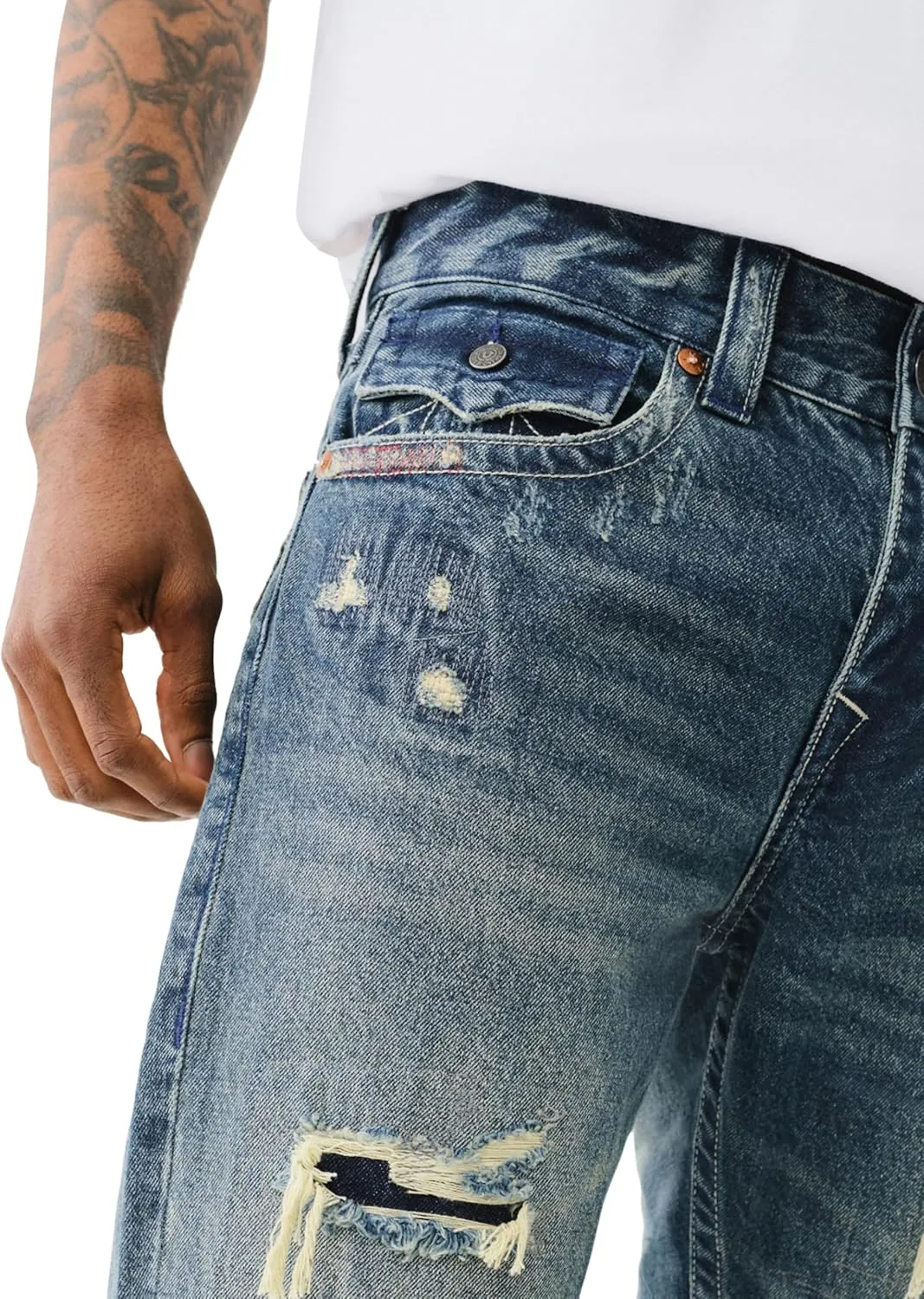 True Religion Men's Ripped Ricky SN 1/2" Flap with Backing and Mending