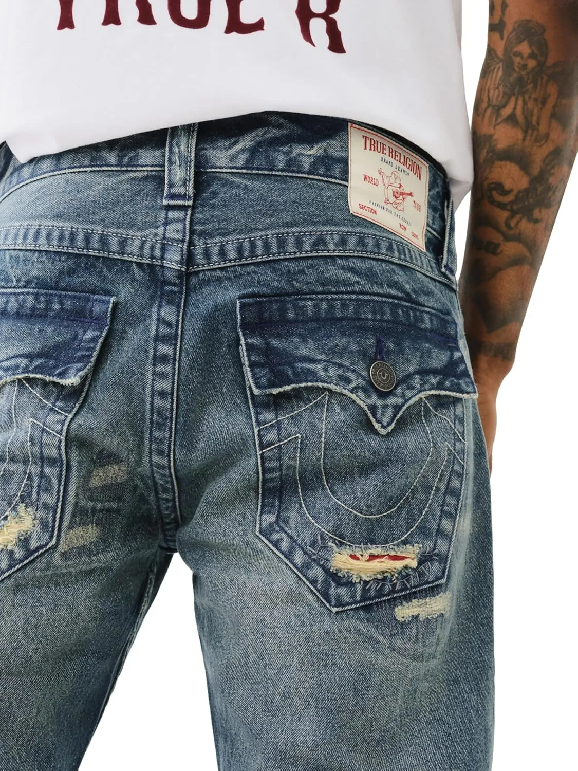 True Religion Men's Ripped Ricky SN 1/2" Flap with Backing and Mending
