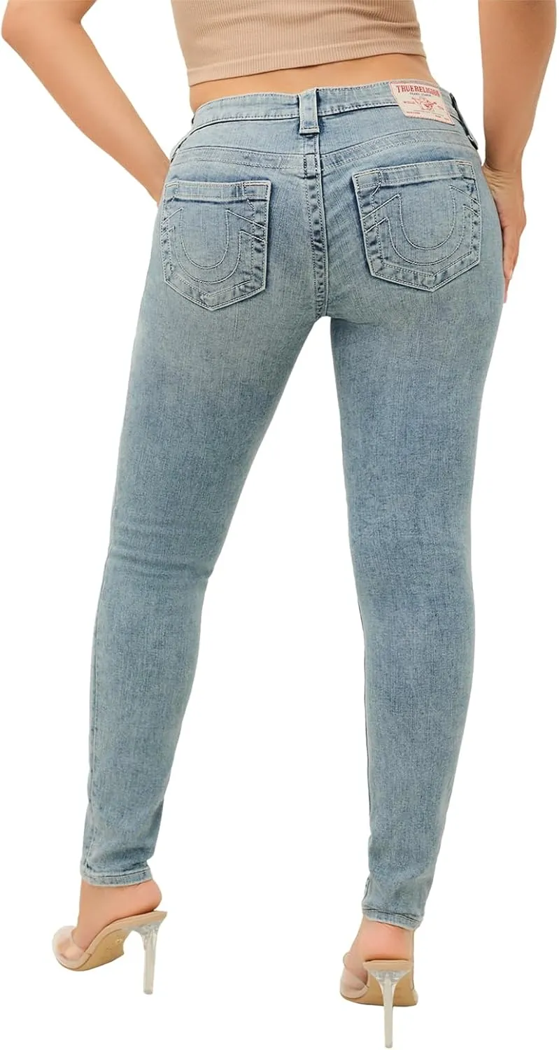 True Religion Women's Halle Mid Rise Super Skinny Fit Jeans Denim Single Needle Stitching