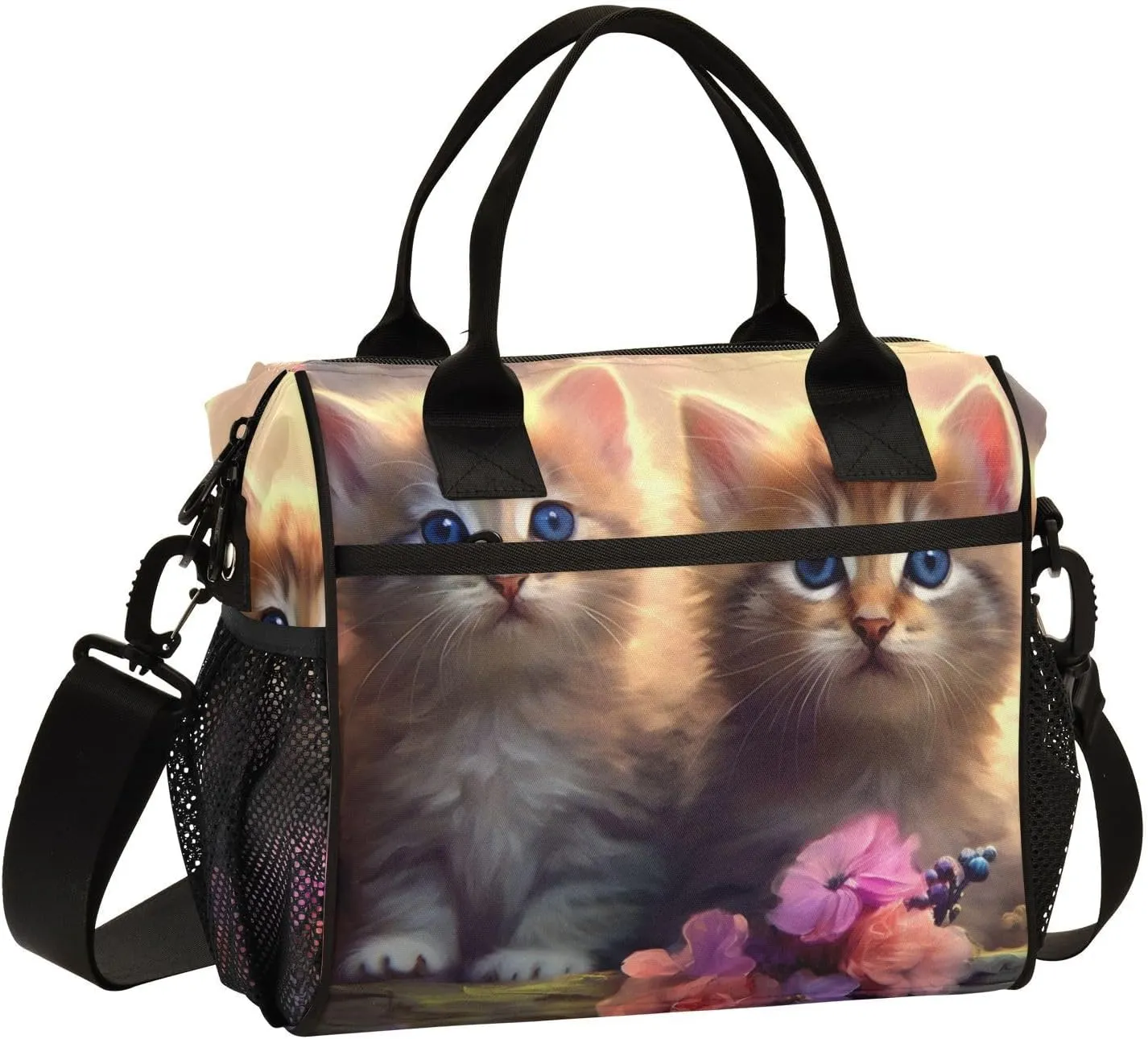 Two Kittens Sitting Log Cooler Bag Lunch Box Lunch Bag Reusable Tote Shoulder Bag Insulated Lunch Bag for Outdoor Picnic Camping